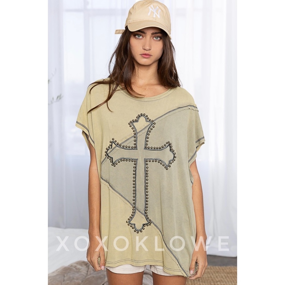 POL Olive Two Tone Studded & Embroidered Cross Top - Picture 7 of 14